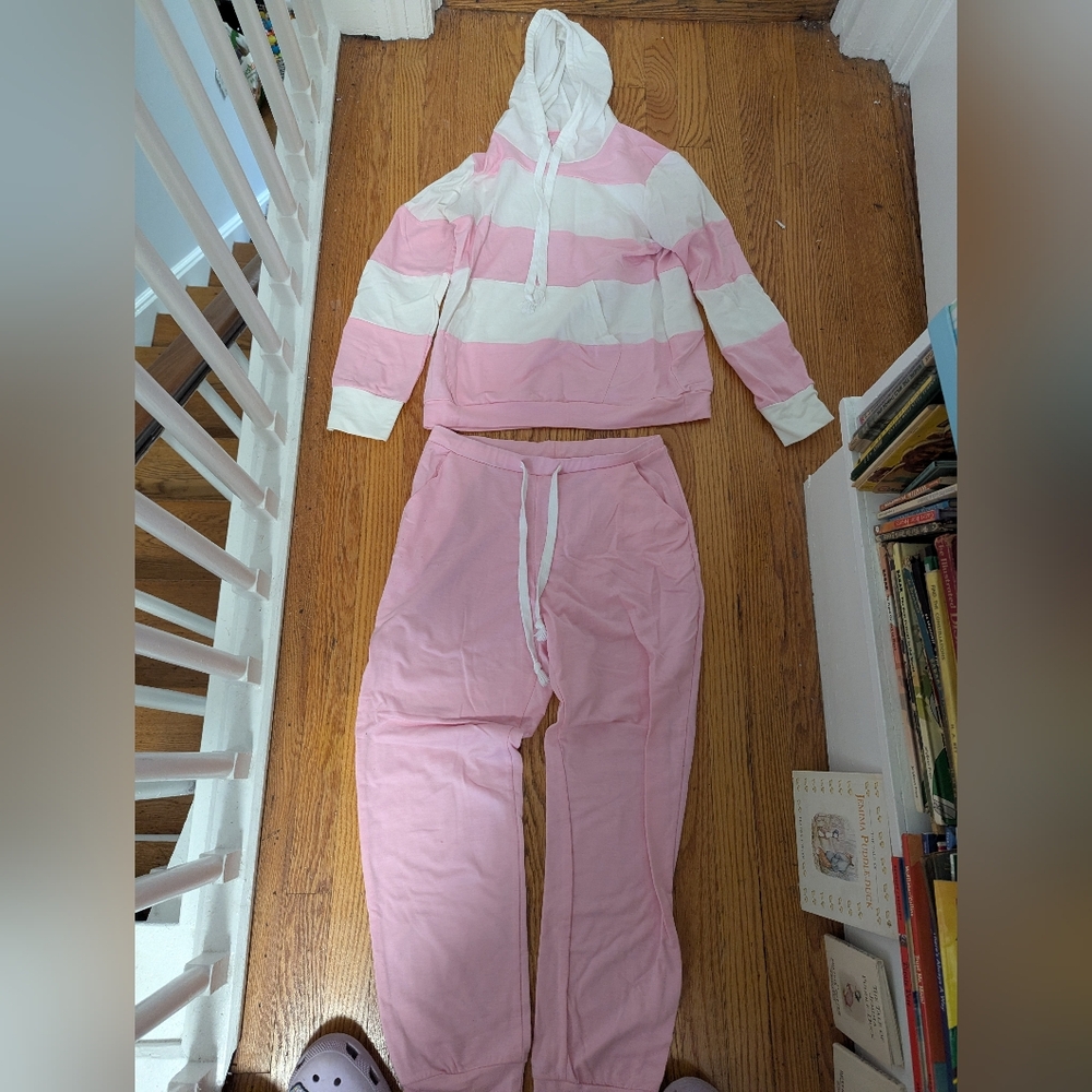 Pink and White Striped Hoodie and Pants Set